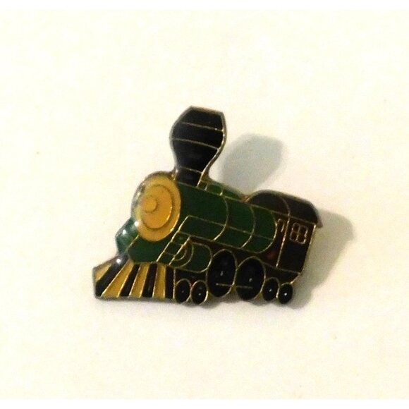 Vintage Train Locomotive Enamel Lapel Pin Green Yellow Badge Railroad Engine - Picture 1 of 3